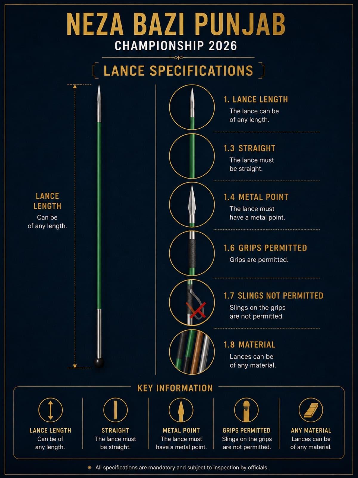 Barshi specifications diagram: permitted lance length, metal point, grips and material