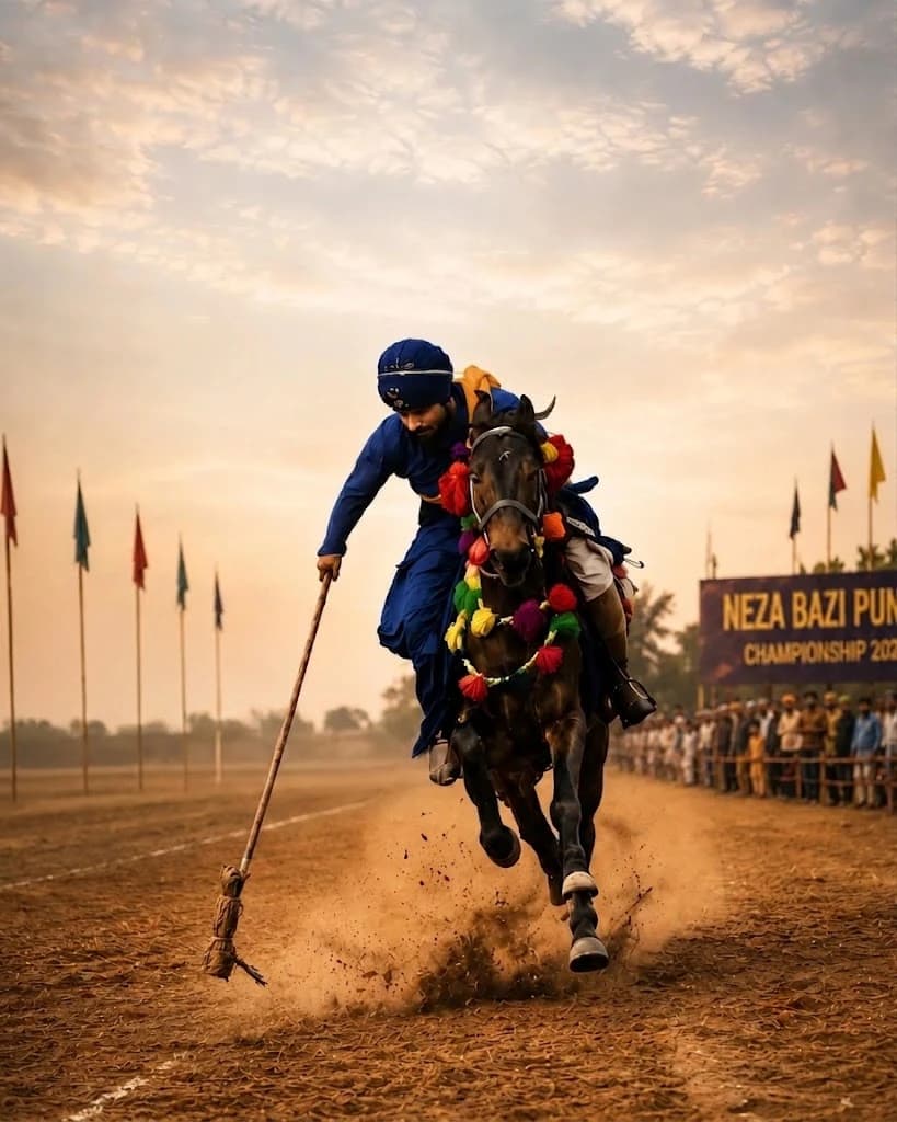 A rider in blue lowers the lance at a full gallop during a Neza Bazi run